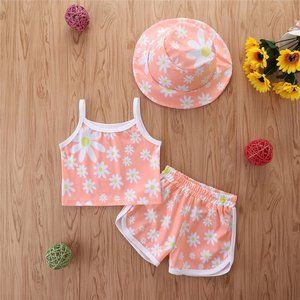 Girls Basic Letter Flower All Over Print Camisole And Shorts With Hat Set